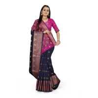 Women's Jacquard Woven Saree With Unstitched Blouse 5.5Mtr (Dark Blue) - Dark Blue