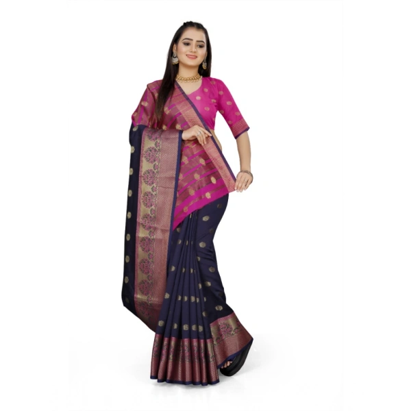 Women's Jacquard Woven Saree With Unstitched Blouse 5.5Mtr (Dark Blue) - Dark Blue