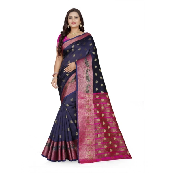 Women's Jacquard Woven Saree With Unstitched Blouse 5.5Mtr (Dark Blue) - Dark Blue