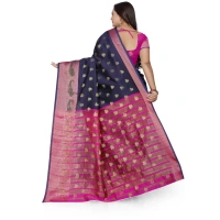 Women's Jacquard Woven Saree With Unstitched Blouse 5.5Mtr (Dark Blue) - Dark Blue
