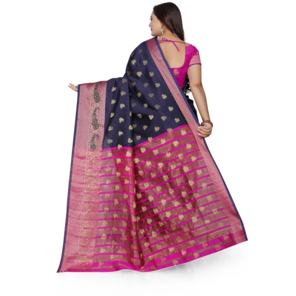 Women's Jacquard Woven Saree With Unstitched Blouse 5.5Mtr (Dark Blue) - Dark Blue