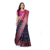 Women's Jacquard Woven Saree With Unstitched Blouse 5.5Mtr (Dark Blue) - Dark Blue