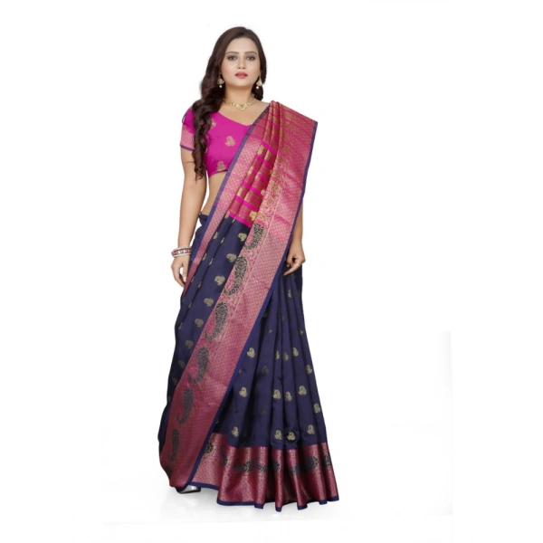 Women's Jacquard Woven Saree With Unstitched Blouse 5.5Mtr (Dark Blue) - Dark Blue