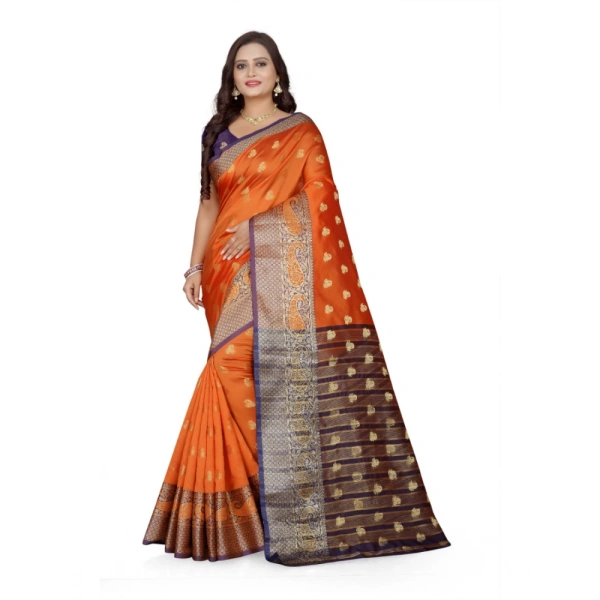 Women's Jacquard Woven Saree With Unstitched Blouse 5.5Mtr (Orange) - Orange