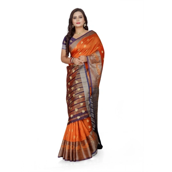Women's Jacquard Woven Saree With Unstitched Blouse 5.5Mtr (Orange) - Orange