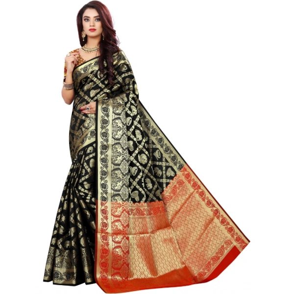 Women's Jacquard Woven Saree With Unstitched Blouse 5.5Mtr (Black) - Black
