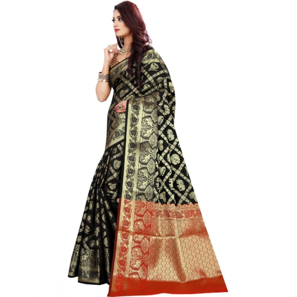 Women's Jacquard Woven Saree With Unstitched Blouse 5.5Mtr (Black) - Black