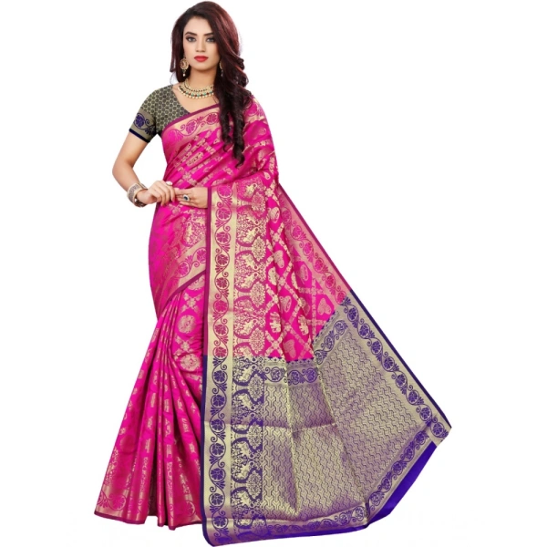 Women's Jacquard Woven Saree With Unstitched Blouse 5.5Mtr (Pink) - Pink