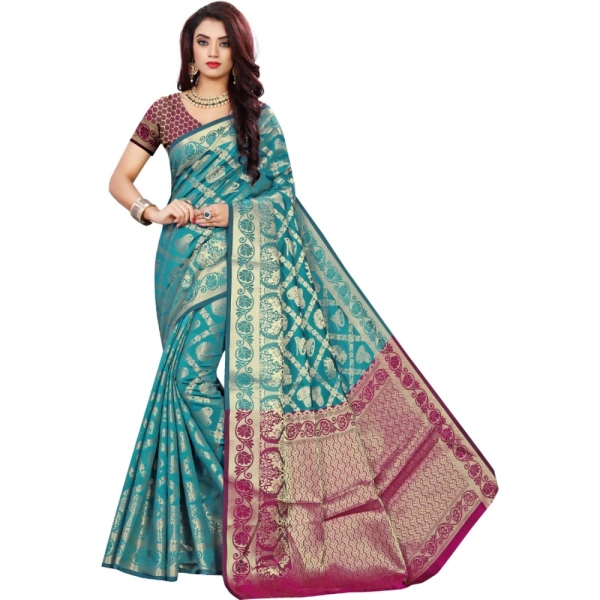 Women's Jacquard Woven Saree With Unstitched Blouse 5.5Mtr (Light Blue) - Light Blue