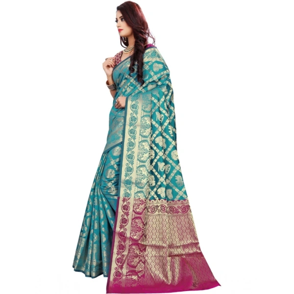 Women's Jacquard Woven Saree With Unstitched Blouse 5.5Mtr (Light Blue) - Light Blue