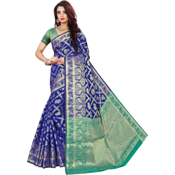 Women's Jacquard Woven Saree With Unstitched Blouse 5.5Mtr (Blue) - Blue