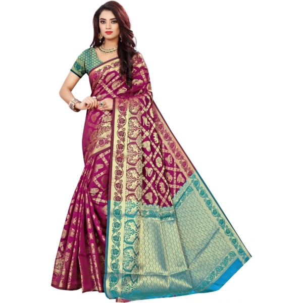Women's Jacquard Woven Saree With Unstitched Blouse 5.5Mtr (Magenta) - Magenta