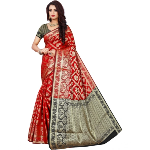 Women's Jacquard Woven Saree With Unstitched Blouse 5.5Mtr (Red) - Red