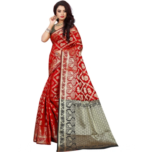 Women's Jacquard Woven Saree With Unstitched Blouse 5.5Mtr (Red) - Red