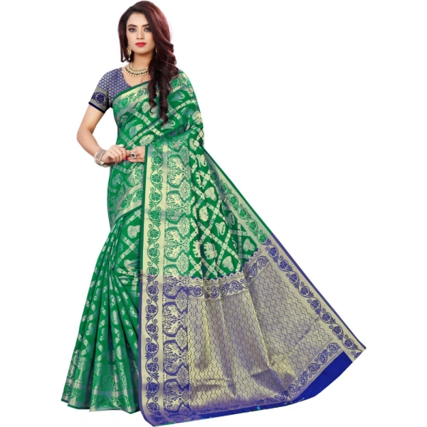 Women's Jacquard Woven Saree With Unstitched Blouse 5.5Mtr (Green) - Green