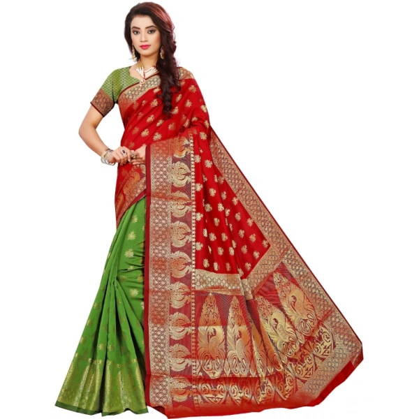 Women's Jacquard Woven Saree With Unstitched Blouse 5.5Mtr (Red) - Red