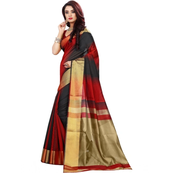 Women's Jacquard Woven Saree With Unstitched Blouse 5.5Mtr (Red-Black) - Red-Black