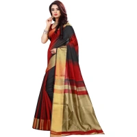 Women's Jacquard Woven Saree With Unstitched Blouse 5.5Mtr (Red-Black) - Red-Black
