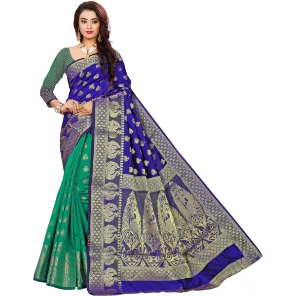 shopnav's Women's Jacquard Woven Saree With Unstitched Blouse 5.5Mtr (Blue) - Blue
