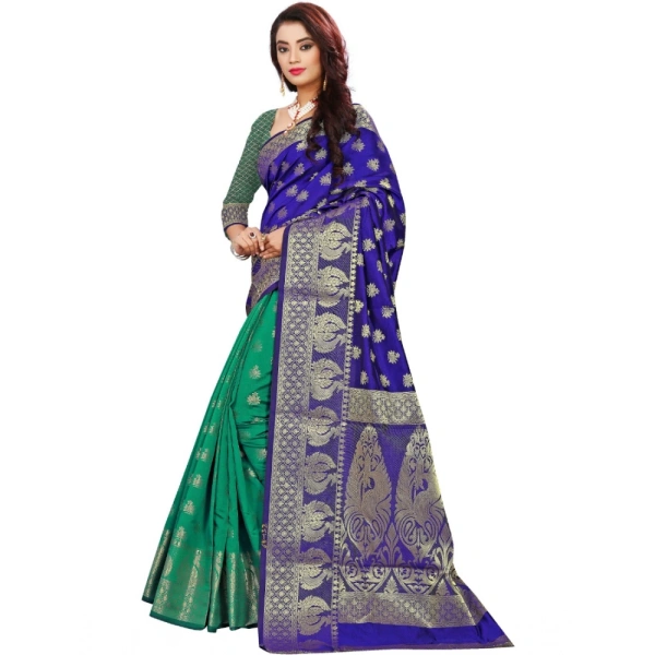 shopnav's Women's Jacquard Woven Saree With Unstitched Blouse 5.5Mtr (Blue) - Blue