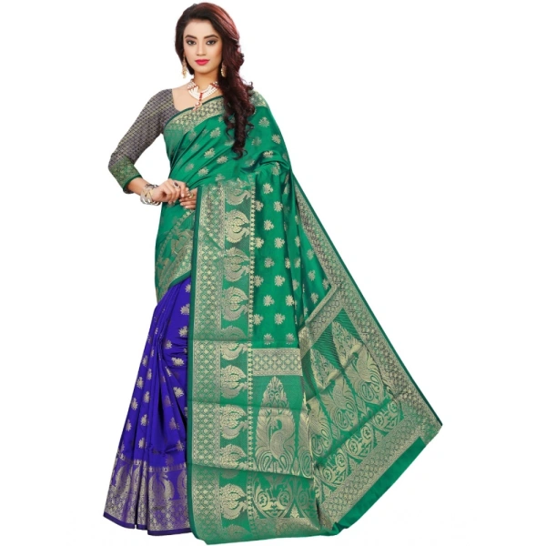 Women's Jacquard Woven Saree With Unstitched Blouse 5.5Mtr (Green) - Green