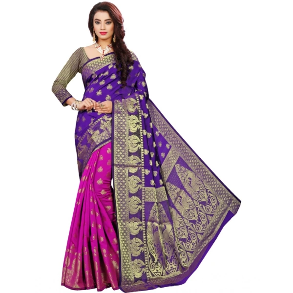 Women's Jacquard Woven Saree With Unstitched Blouse 5.5Mtr (Purple) - Purple