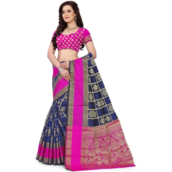 Women's Jacquard Woven Saree With Unstitched Blouse 5.5Mtr (Blue) - Blue