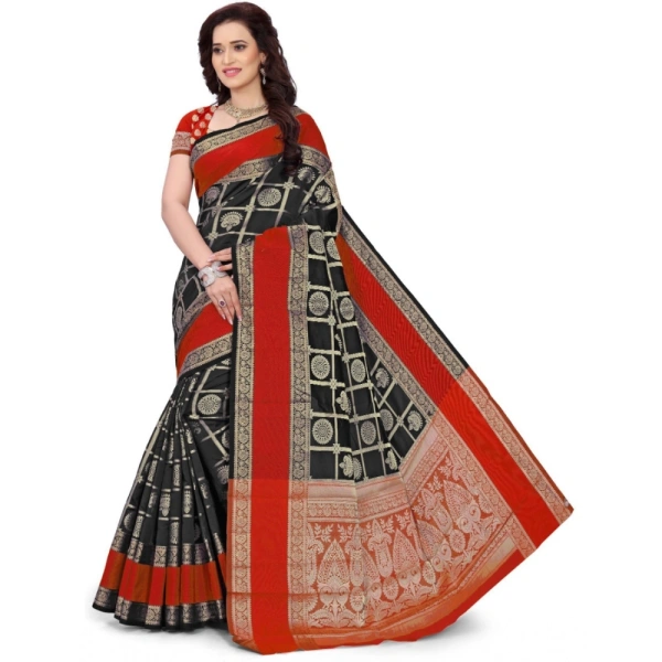 Women's Jacquard Woven Saree With Unstitched Blouse 5.5Mtr (Red-Black) - Red-Black