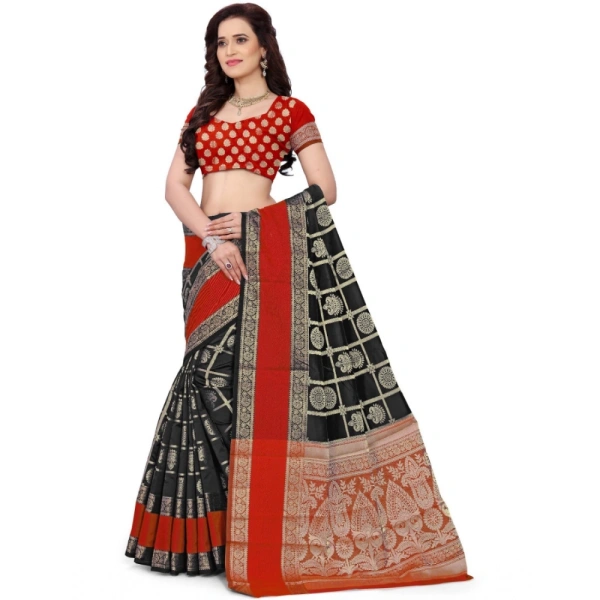 Women's Jacquard Woven Saree With Unstitched Blouse 5.5Mtr (Red-Black) - Red-Black
