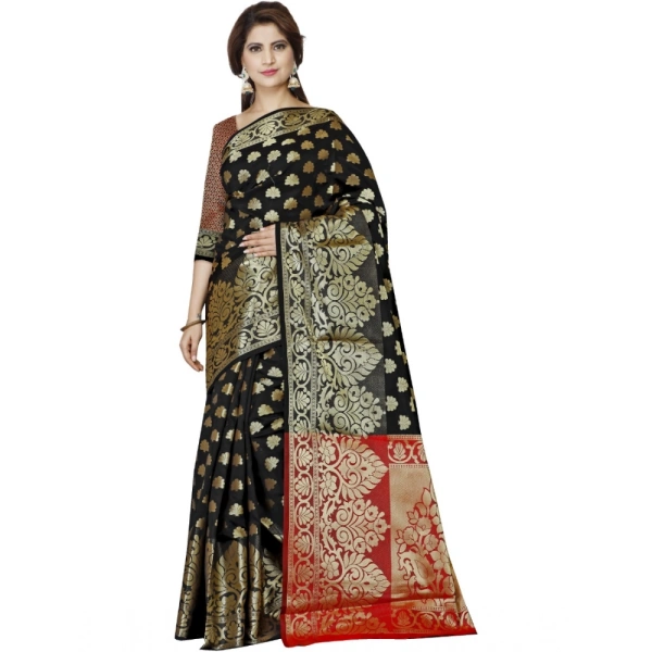 Women's Jacquard Woven Saree With Unstitched Blouse 5.5Mtr (Black) - Black