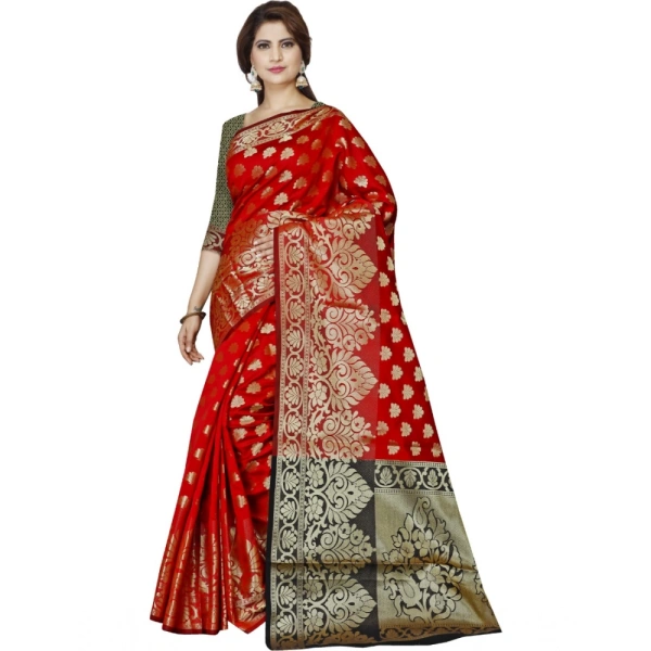 Women's Jacquard Woven Saree With Unstitched Blouse 5.5Mtr (Red) - Red