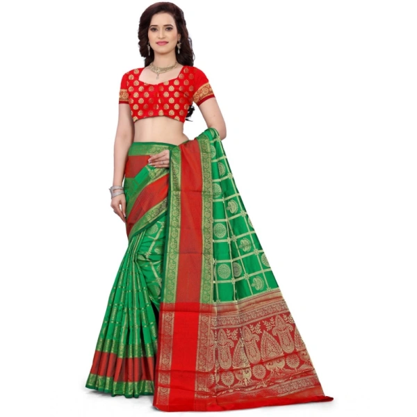 Women's Jacquard Woven Saree With Unstitched Blouse 5.5Mtr (Green) - Green