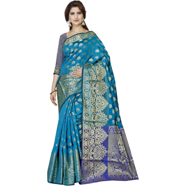 shopnav's Women's Jacquard Woven Saree With Unstitched Blouse 5.5Mtr (Blue) - Blue