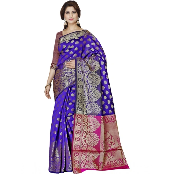 Women's Jacquard Woven Saree With Unstitched Blouse 5.5Mtr (Blue) - Blue