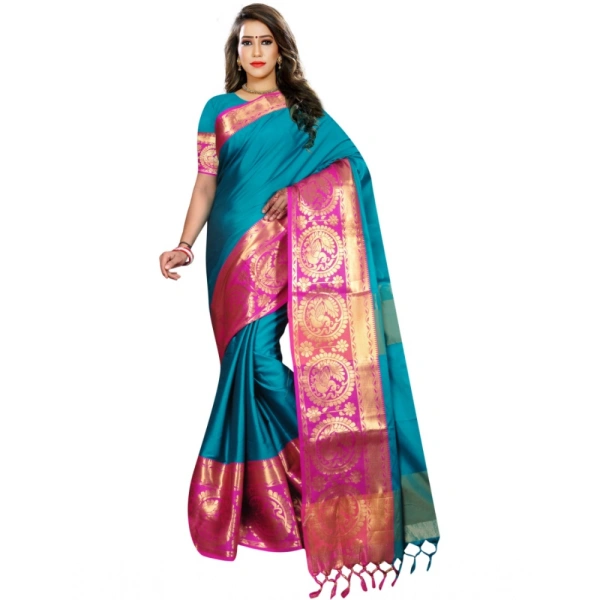 Women's Jacquard Woven Saree With Unstitched Blouse 5.5Mtr (Dark Green) - Dark Green