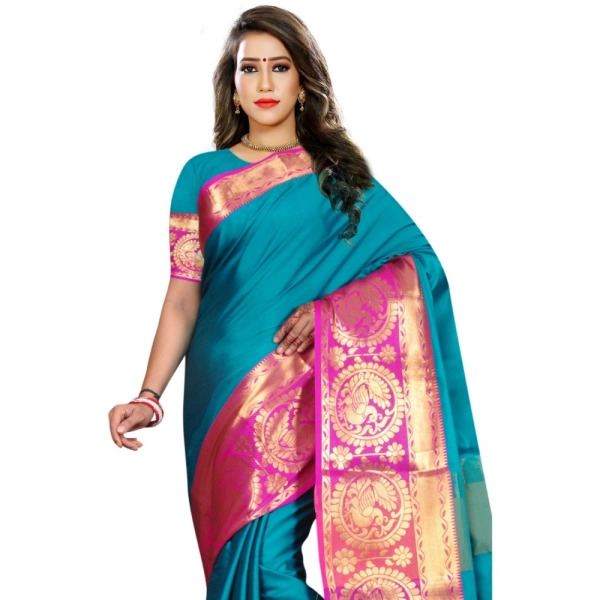 Women's Jacquard Woven Saree With Unstitched Blouse 5.5Mtr (Dark Green) - Dark Green
