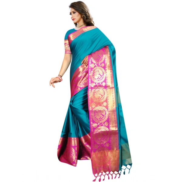 Women's Jacquard Woven Saree With Unstitched Blouse 5.5Mtr (Dark Green) - Dark Green