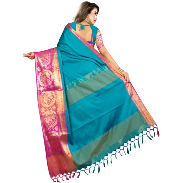 Women's Jacquard Woven Saree With Unstitched Blouse 5.5Mtr (Dark Green) - Dark Green