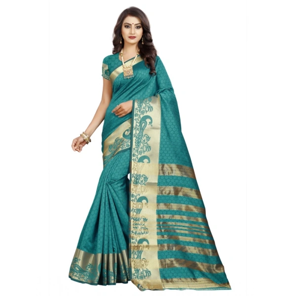 Women's Jacquard Woven Saree With Unstitched Blouse 5.5Mtr (Blue) - Blue