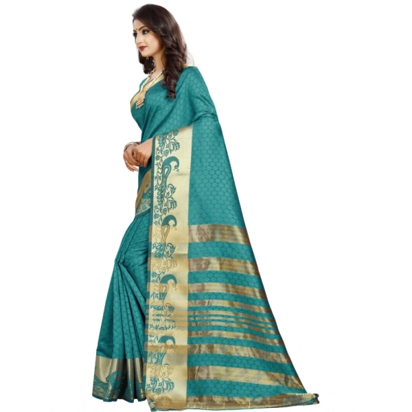 Women's Jacquard Woven Saree With Unstitched Blouse 5.5Mtr (Blue) - Blue