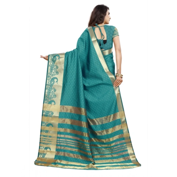 Women's Jacquard Woven Saree With Unstitched Blouse 5.5Mtr (Blue) - Blue