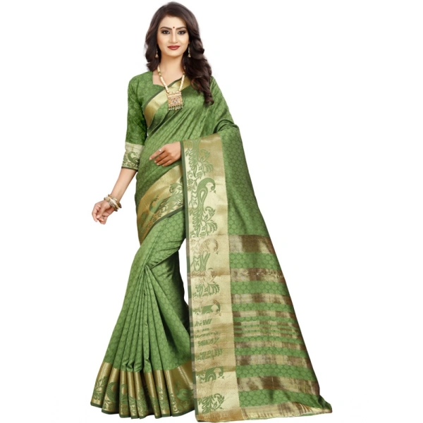 Women's Jacquard Woven Saree With Unstitched Blouse 5.5Mtr (Green) - Green