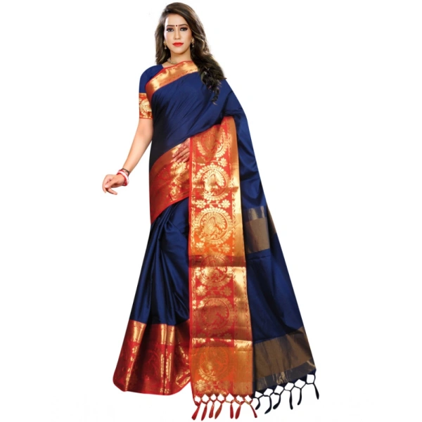 Women's Jacquard Woven Saree With Unstitched Blouse 5.5Mtr (Dark Blue) - Dark Blue