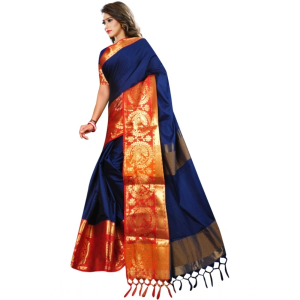 Women's Jacquard Woven Saree With Unstitched Blouse 5.5Mtr (Dark Blue) - Dark Blue
