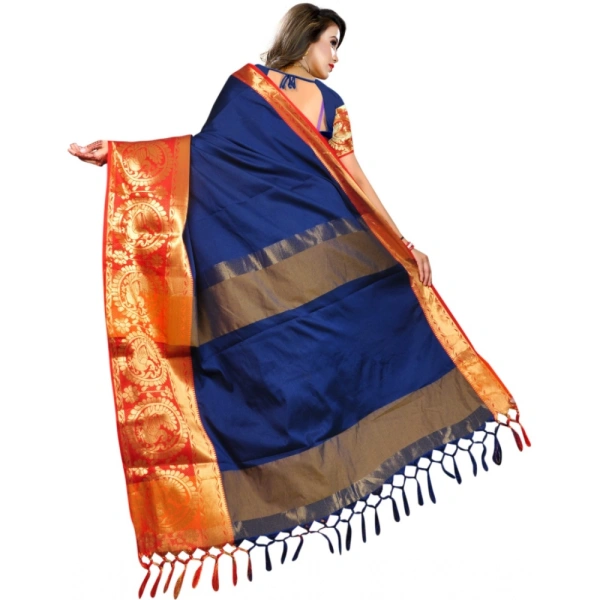Women's Jacquard Woven Saree With Unstitched Blouse 5.5Mtr (Dark Blue) - Dark Blue