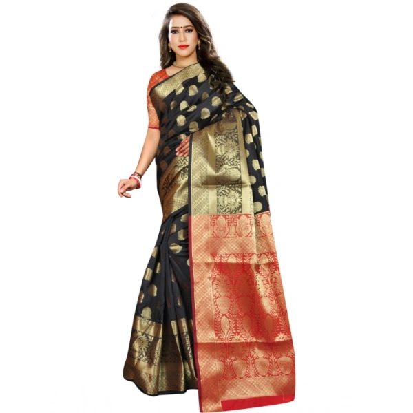 Women's Jacquard Woven Saree With Unstitched Blouse 5.5Mtr (Black) - Black