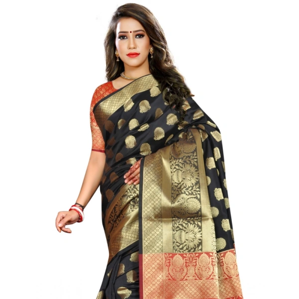 Women's Jacquard Woven Saree With Unstitched Blouse 5.5Mtr (Black) - Black