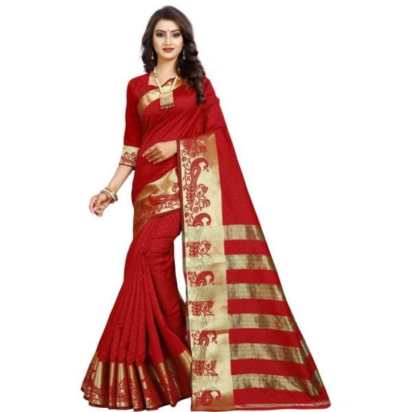 Women's Jacquard Woven Saree With Unstitched Blouse 5.5Mtr (Red) - Red