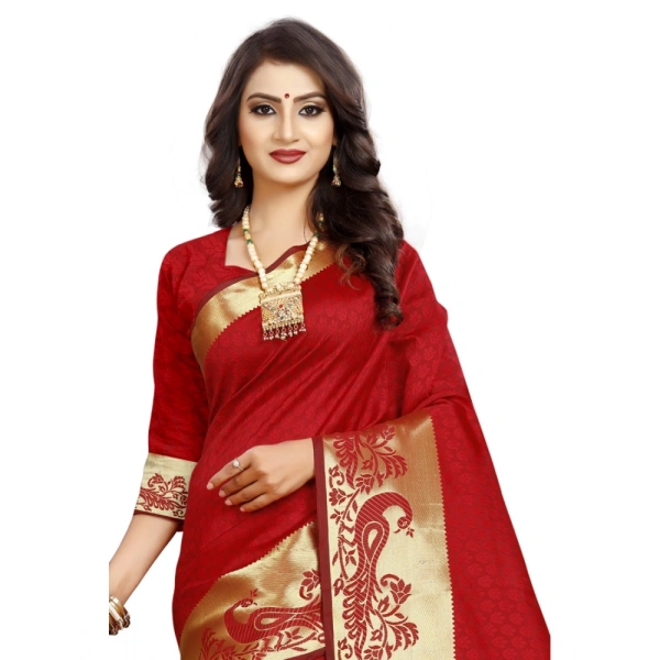 Women's Jacquard Woven Saree With Unstitched Blouse 5.5Mtr (Red) - Red