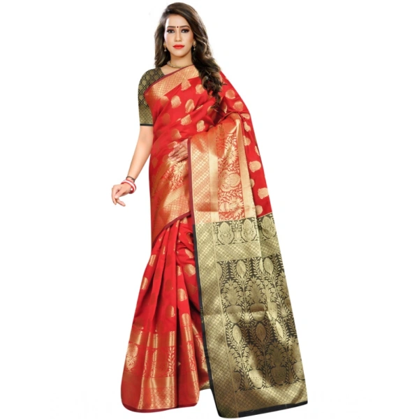 Women's Jacquard Woven Saree With Unstitched Blouse 5.5Mtr (Red) - Red